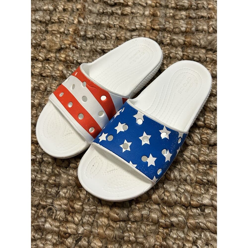 Crocs Slides Sandals 4th of July USA Flag Red White Blue Size Men's 6 Women’s 4